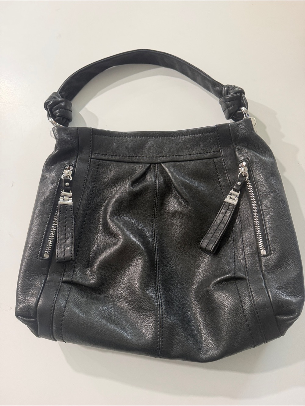 b. makowsky Black Leather Knotted-Handle Shoulder Bag